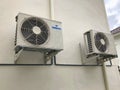 Air conditioner outdoor unit or heat Pump Compressor or Condenser Fan for support Air Conditioner in home. Royalty Free Stock Photo