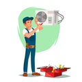 Air Conditioner Repair Service Vector. Young Man Repairing Air Conditioner. Cartoon Character Illustration