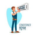 Air Conditioner Repair Worker Vector. Young Happy Male Technician Gesturing. Isolated Flat Cartoon Character