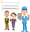 An air conditioner, a senior couple, and a male worker with a calculator
