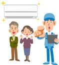 An air conditioner, a senior couple, and a male worker pointing his finger