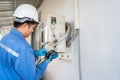 Air conditioner technician vacuum pump evacuates and checking new air conditioner. Service concept of an air conditioner Royalty Free Stock Photo