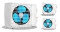 Air conditioner unit with three bladed fan. Room cooling and heating. Maintaining comfortable temperature in office. Cartoon