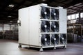 Air conditioner units HVAC on a roof of industrial building with blue sky and clouds in the background. Neural network Royalty Free Stock Photo