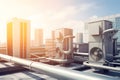 Air conditioner units HVAC on a roof of industrial building with blue sky and clouds in the background. Neural network Royalty Free Stock Photo