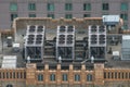 Air Conditioner ventilation system on building rooftop. Aerial view to AC system on skyscraper
