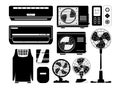 Air Conditioners, Fans Black Icons Set. Conditioning Home And Industrial Ventilation System. Climate Control Split Units Royalty Free Stock Photo