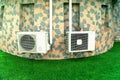 Air conditioners on the wall with outdoor stone paneling, Air compressors installed outside the building