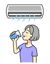 Air conditioning and a senior woman drinking water