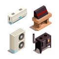 Air conditioning systems. Cooling heating generators compressor pressure pipe vector isometric collection