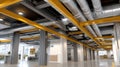 Air conditioning systems are mounted on the ceiling of a large industrial facility, enhancing airflow and climate control Royalty Free Stock Photo