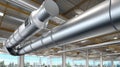 Air conditioning systems are mounted on the ceiling of a large industrial facility, enhancing airflow and climate control Royalty Free Stock Photo