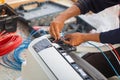 Air conditioning technicians install new air conditioners in homes, Repairman fix air conditioning systems, Male technician Royalty Free Stock Photo