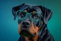 A dog with glasses that says rottweiler