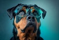 A dog with glasses that says rottweiler