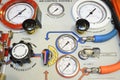 Air control system for diving. Dashboard, manometers, valves, hoses Royalty Free Stock Photo