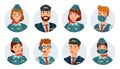 Air crew avatars. Airline pilot, ship captain, stewardess, flying attendant and flight engineer round icon. Airport