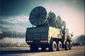 Air defense radars of military mobile antiaircraft systems in green color and ballistic rocket launcher with four cruise