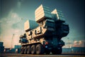 Air defense radars of military mobile antiaircraft systems in green color and ballistic rocket launcher with four cruise missiles