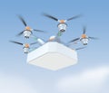 Air drone carrying single pizza box with copy space