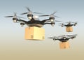 Air drones carrying cardboard boxes in sunset sky. Royalty Free Stock Photo