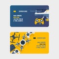 Air drones, quadrocopters and remote control drones business card wireless flight aerial robot vector illustration. Fly