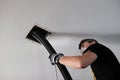 Air duct cleaning, drill, ductwork, man, hvac Royalty Free Stock Photo