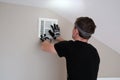 Air duct cleaning, drill, ductwork, man, hvac Royalty Free Stock Photo