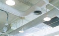 Air duct, air conditioner pipe and fire sprinkler system on white ceiling wall. Air flow and ventilation system. Building interior