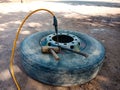 air filling process into the truck tyre at workshop in india dec 2019 Royalty Free Stock Photo