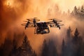 Air firefighting with drone of wildfire in forest.