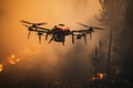 Air firefighting with drone of wildfire in forest.