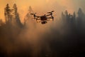 Air firefighting with drone of wildfire in forest.