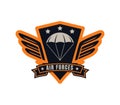 Air Force emblem with wings parachute stars badge design. Military insignia themed graphic. Military and air force logo