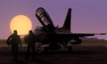 Air force jet fighter pilots silhoutte at sunset on military base airfield