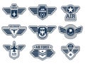 Air force labels. Vintage army badges military symbols eagle wings and weapons vector illustrations set Royalty Free Stock Photo