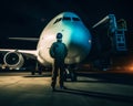 Air force professional wearing dark green romper and mask stands in front of a plane. Pilot is ready for the flight at night.
