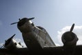 Air forces, aircraft, history, progress, development. Textured grunge old plane, blue sky background. Old plane not able