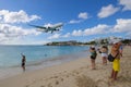 Airplane flying over Maho Beach, Sint Maarten, Dutch Caribbean