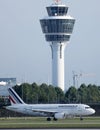 Air France Airbus in Munich Airport, MUC, ATC air traffic control tower