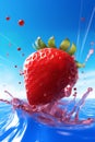 fresh background strawberry fruit water splash food red freshness healthy blue. Generative AI. Royalty Free Stock Photo