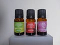Bottles of aroma oil with roses, green tea, lily on white background