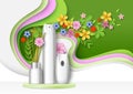 Air freshener packaging bottle, aroma stick mockup set on podium, paper cut floral background, vector illustration. Royalty Free Stock Photo