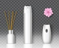 Air freshener packaging spray bottle, home fragrance reed diffuser mockup set, vector illustration. Room deodorant.