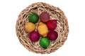 Air fresheners. Top view of the air freshener in a brown straw basket made of wooden balls and aromatized with essential oils. Royalty Free Stock Photo