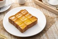 Air fryer grilled butter toast,golden brown crispy bread topped with sugar and sweetened condensed milk