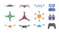 Air helicopters. Delivery drones with camera aerial outdoor photography smart aircraft systems garish vector flat