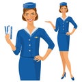 Air hostess. Stewardess holding ticket in her hand. Woman in official clothes