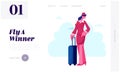 Air Hostess Website Landing Page. Stewardess Flight Attendant Girl in Red Uniform Holding Suitcase Prepare to Flight by Airplane