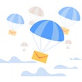 Envelope Falling Down with Blue Parachute in Sky